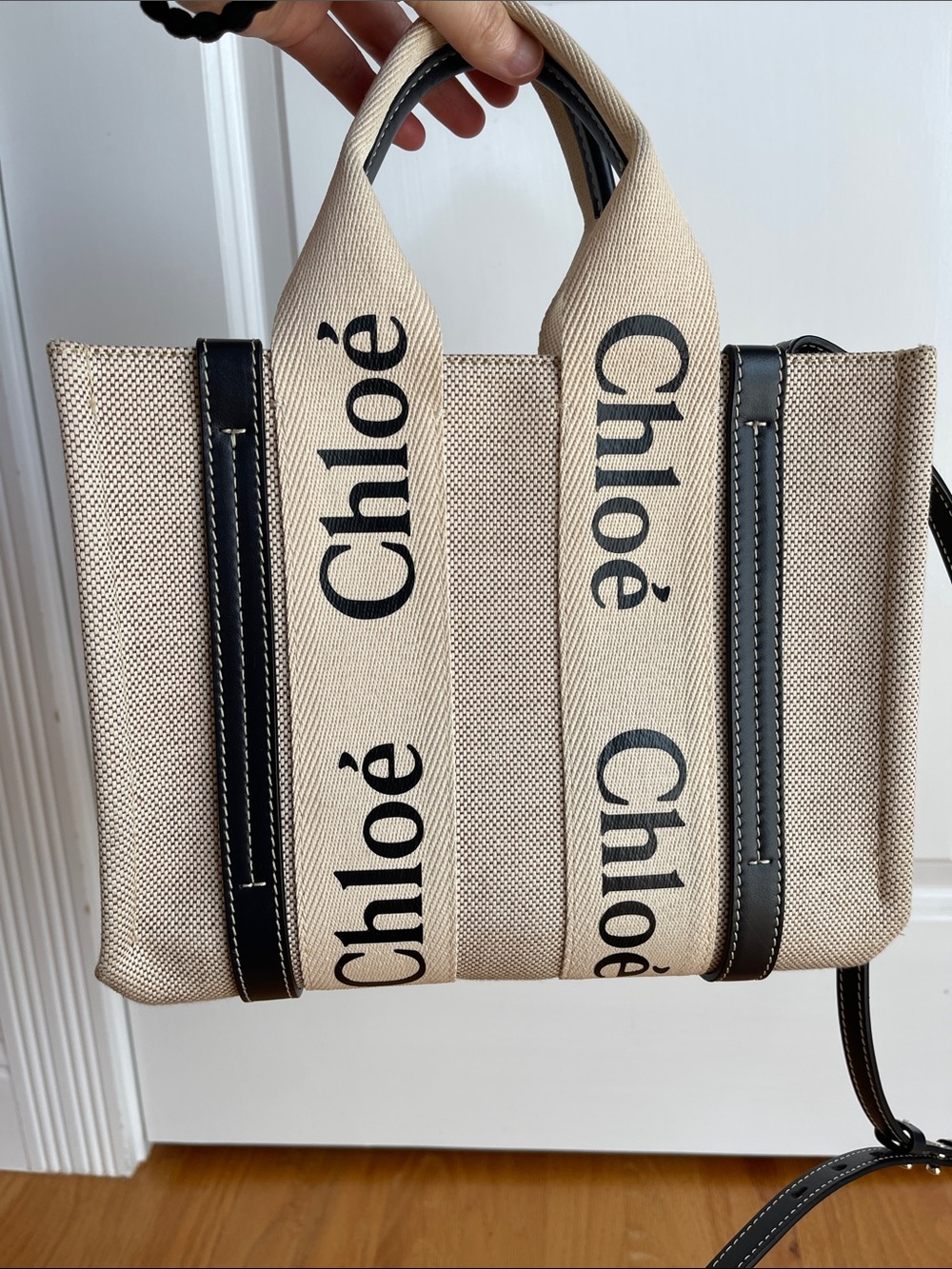 Chloé Beige Canvas Logo Strap Tote with Black Trim